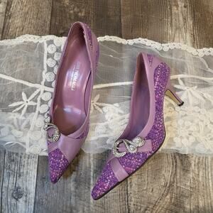 Bruno Magli Purple Tweed Heels Rhinestone Buckle Pointed Toe Y2K Luxury 37